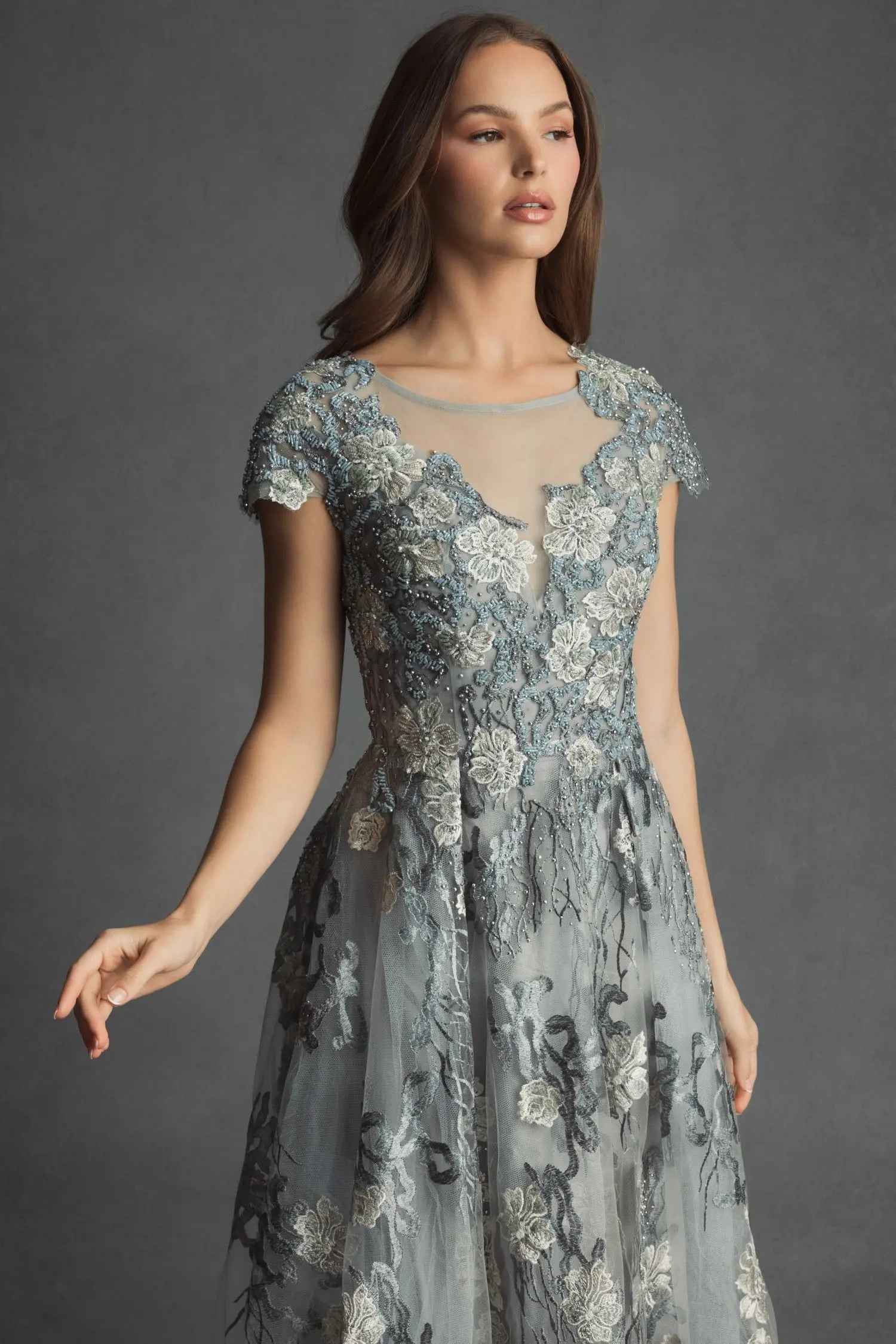 Green Floral Embroidered Short Cap Evening Gown - FINAL SALE