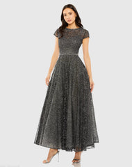 Gray Embellished Cap Sleeve A Line Dress