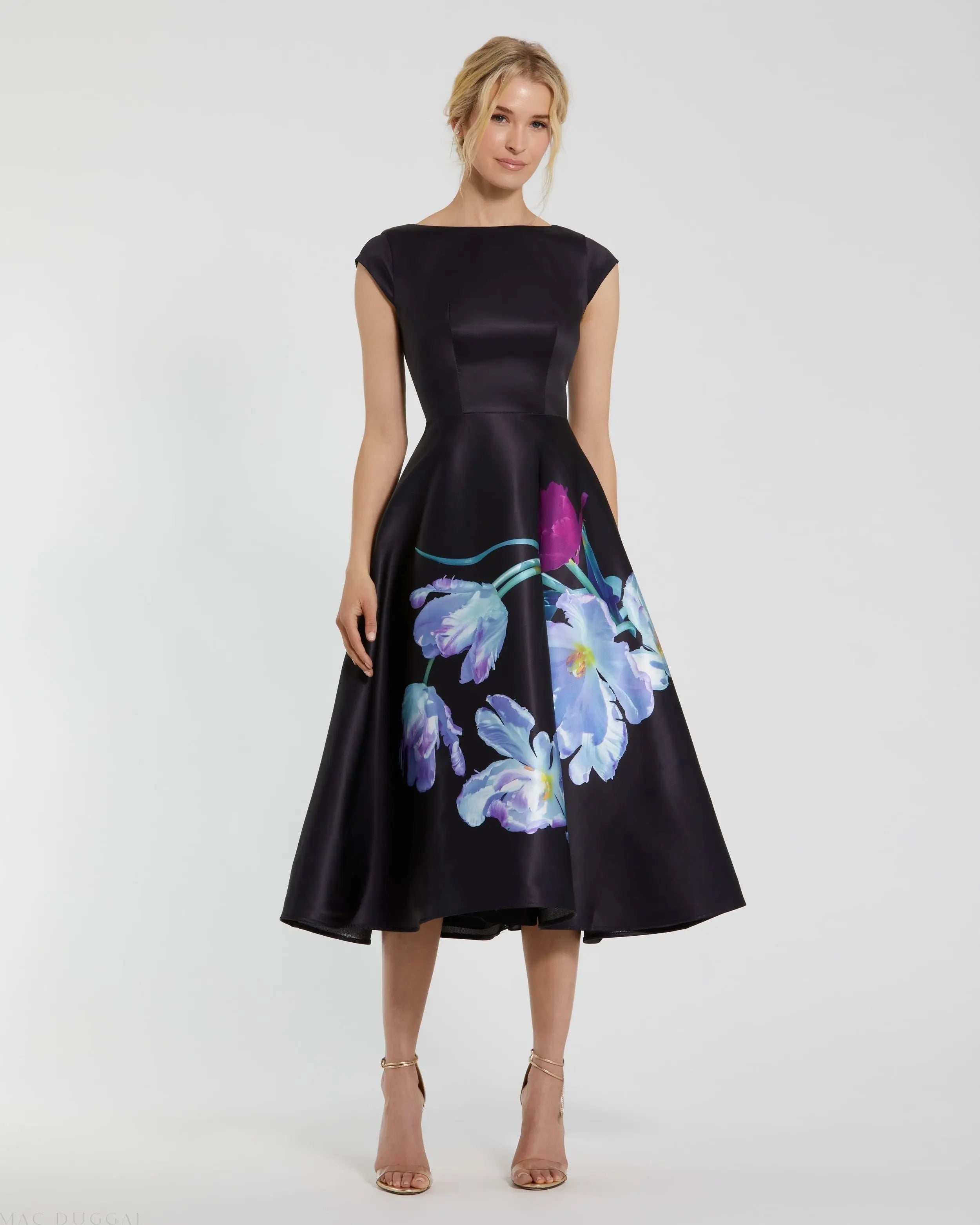 Satin Cap Sleeve Midi Dress With Floral Print