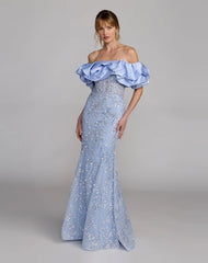 Beaded Mermaid Gown With Off The Shoulder Ruffle
