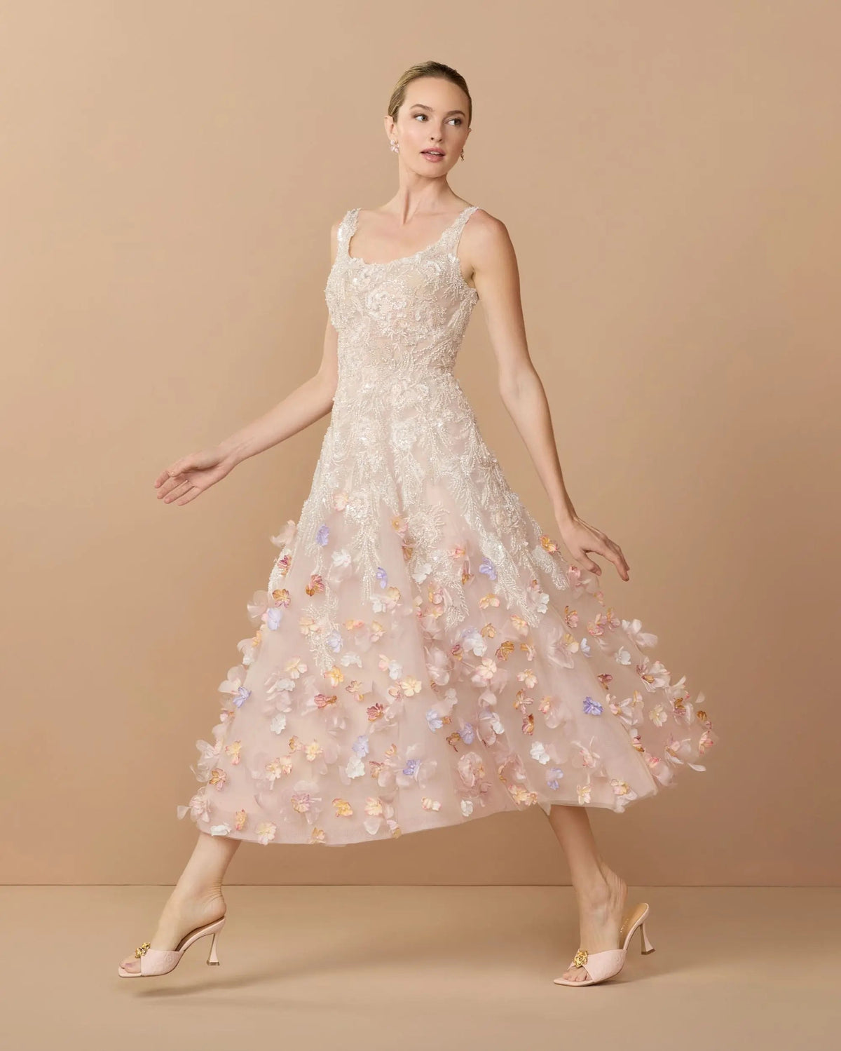 Sleeveless Beaded Midi Dress With 3D Flowers