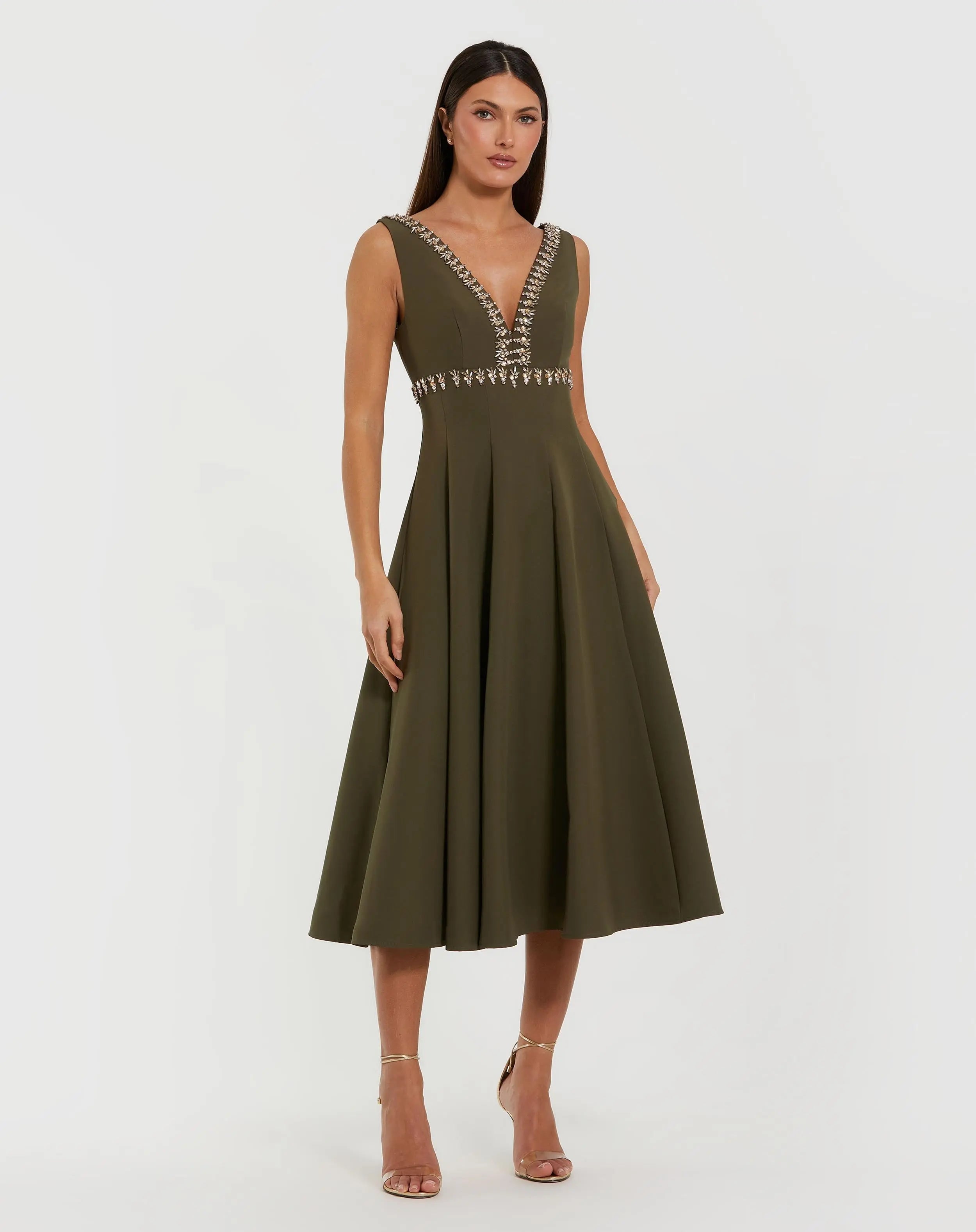 Rhinestone Embellished Crepe A Line Midi Dress