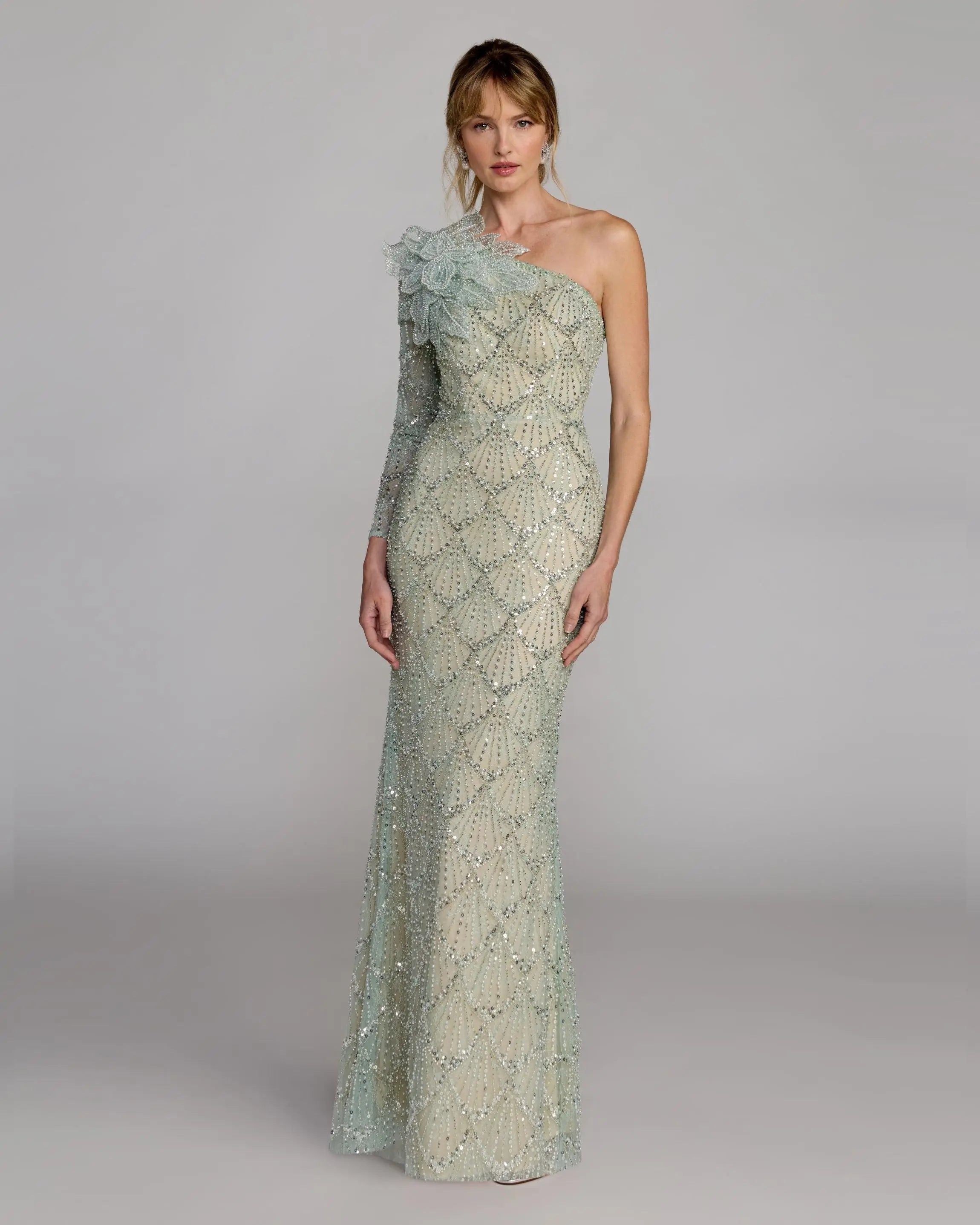 Green One Shoulder Embellished Gown With Floral Accent