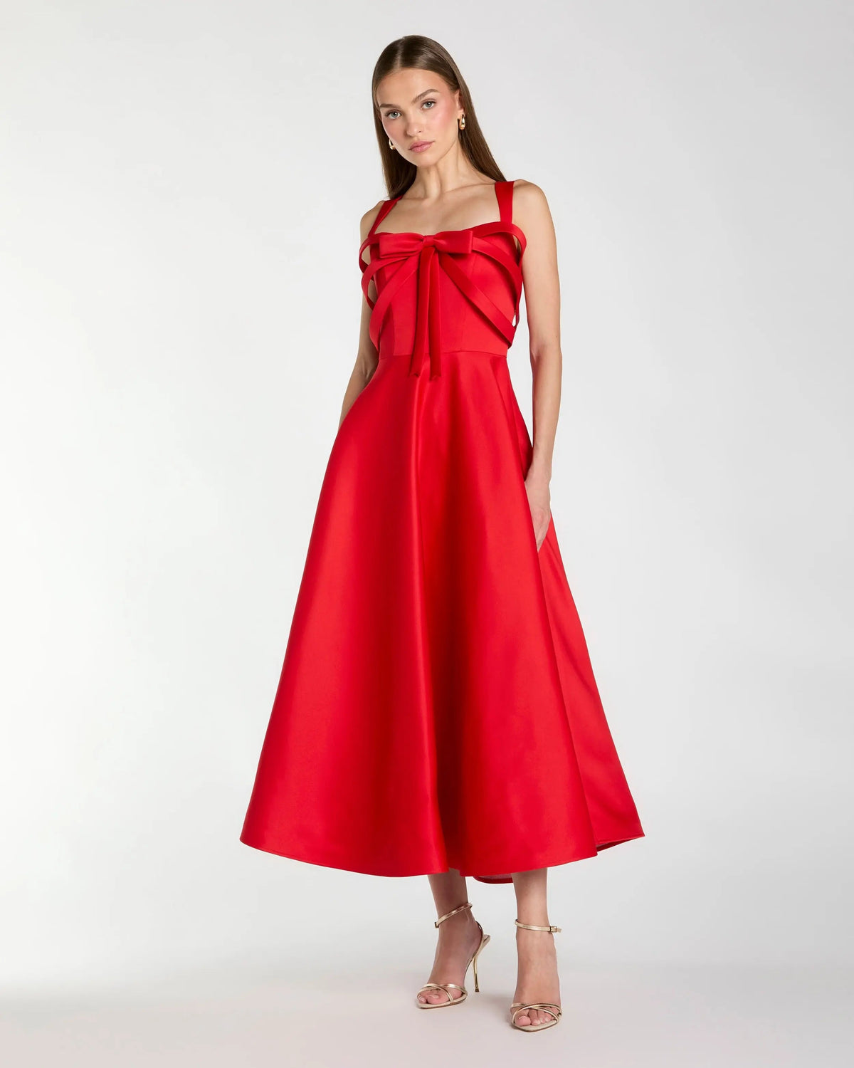 Satin Sleeveless A Line Midi Dress With Bow