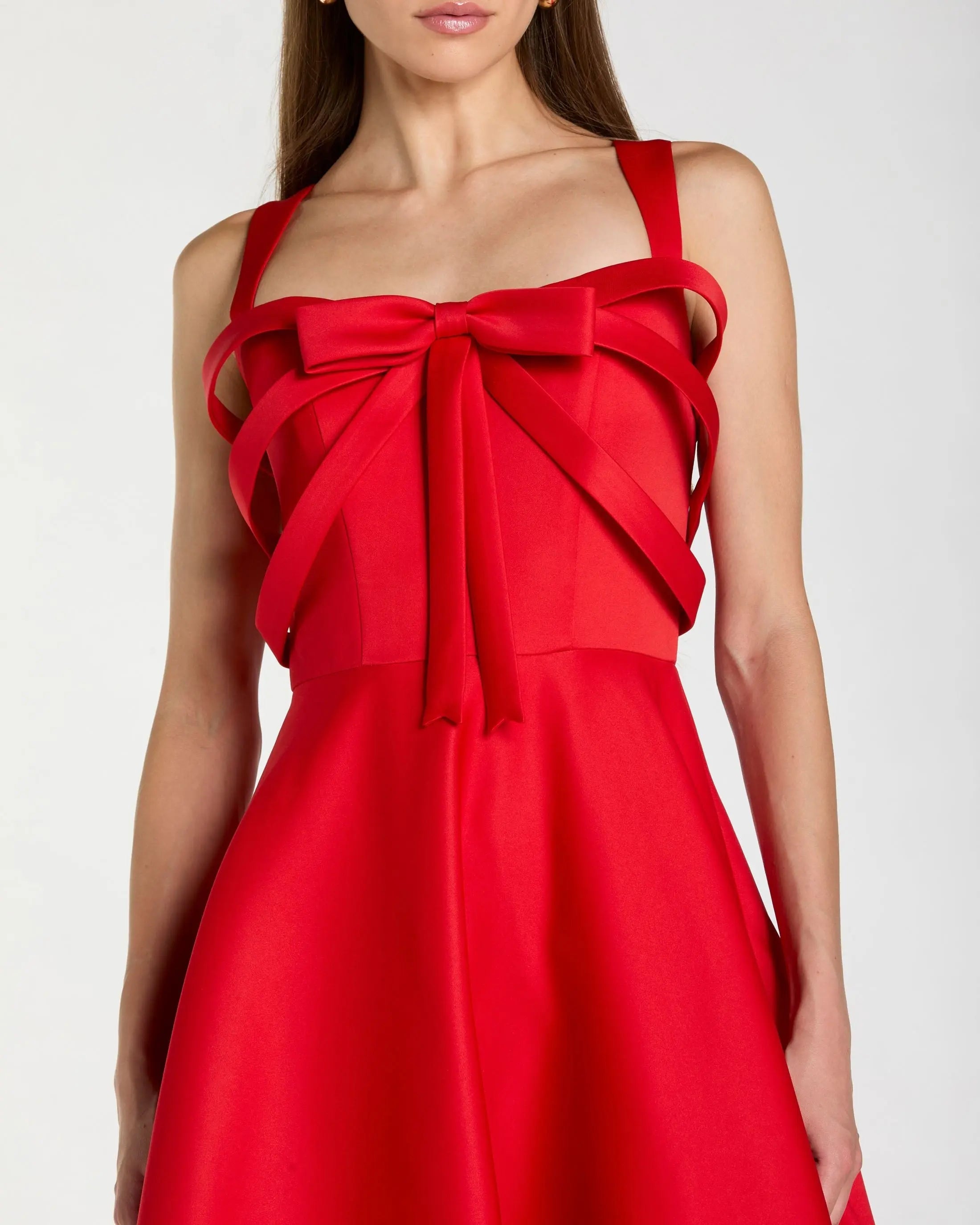 Red Satin Sleeveless A Line Midi Dress With Bow