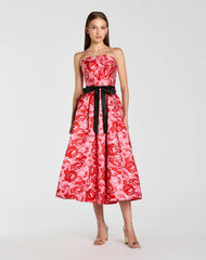 Red Strapless Brocade Midi Dress with Satin Bow