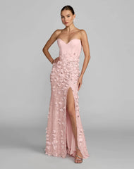 Pink Floral Satin Strapless Sweetheart Gown With Slit