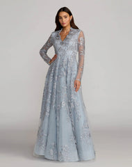 Blue Embroidered V-Neck Long Sleeve Gown