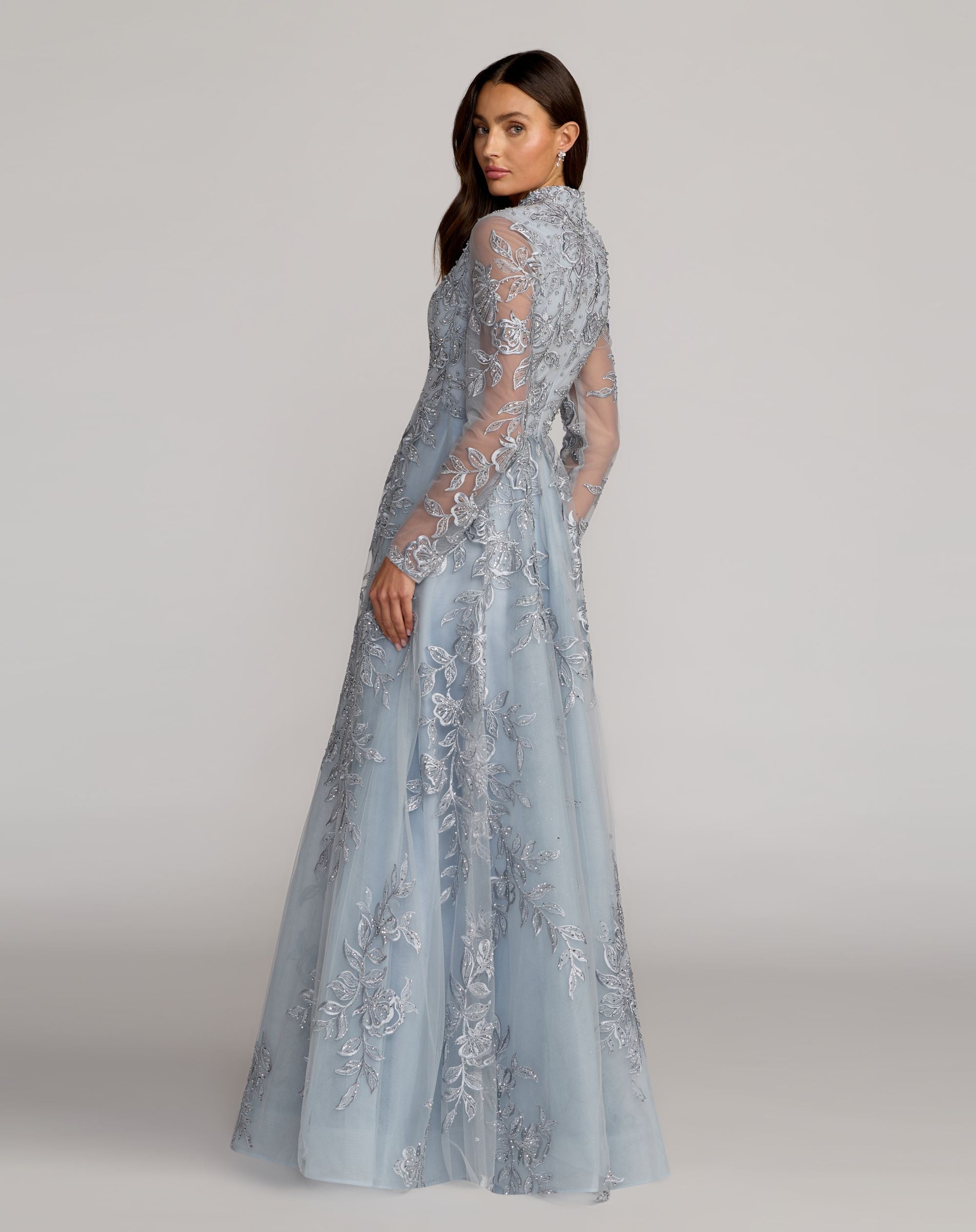 Blue Embroidered V-Neck Long Sleeve Gown