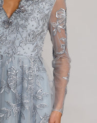 Blue Embroidered V-Neck Long Sleeve Gown