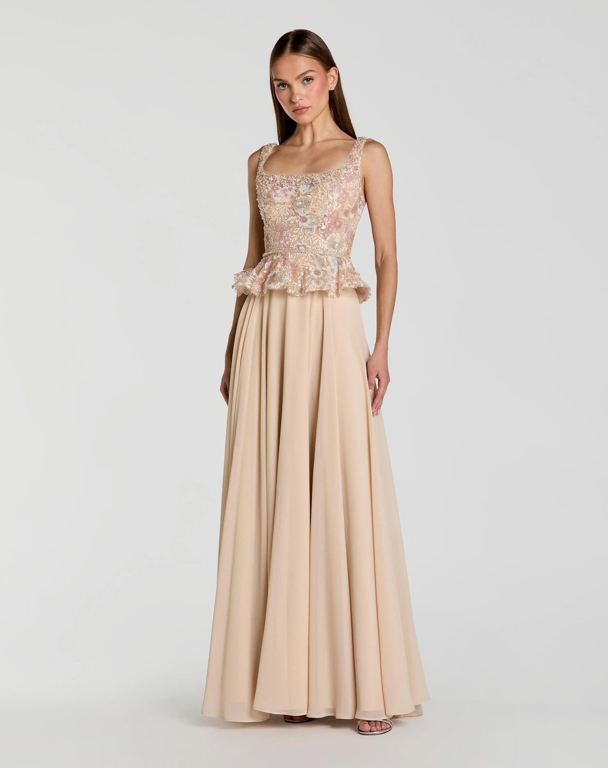 Embroidered Peplum Top With Chiffon Skirt Gown