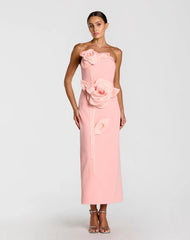 Strapless Crepe Dress With 3D Satin Flowers