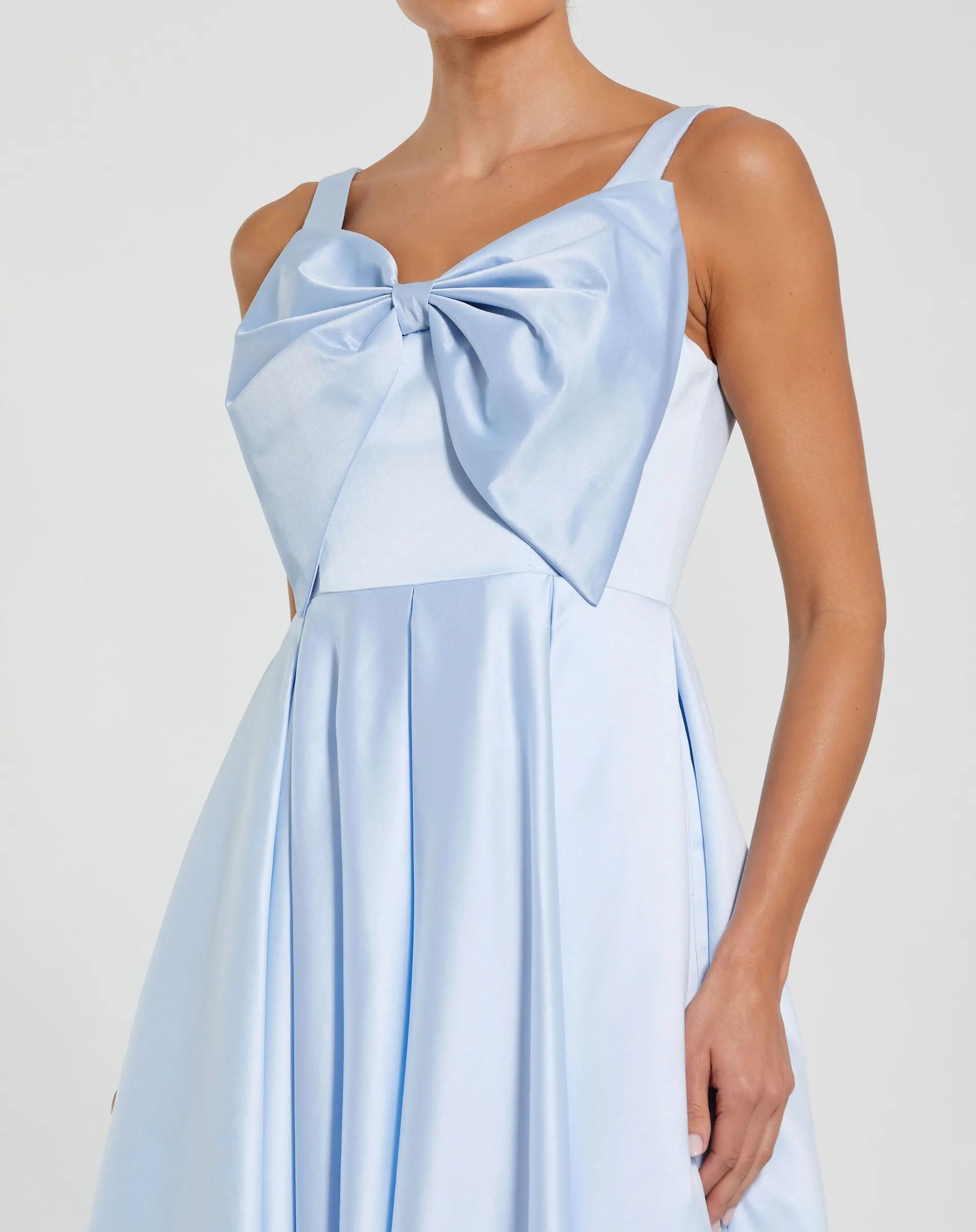 Blue Sleeveless Satin Midi Dress with Bow Detail