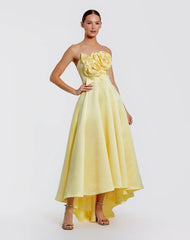Yellow Strapless Satin High Low Gown With 3D Flowers