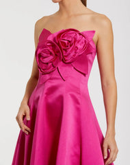 Pink Strapless Satin High Low Gown With 3D Flowers