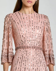Pink High Neck Embellished Gown With 3/4 Sleeves