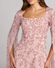 Floral Embellished Cape Sleeve Gown