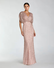 Embellished Blouson V Neck Column Gown