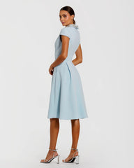 Blue Crepe Short Sleeve Midi Dress With Beading