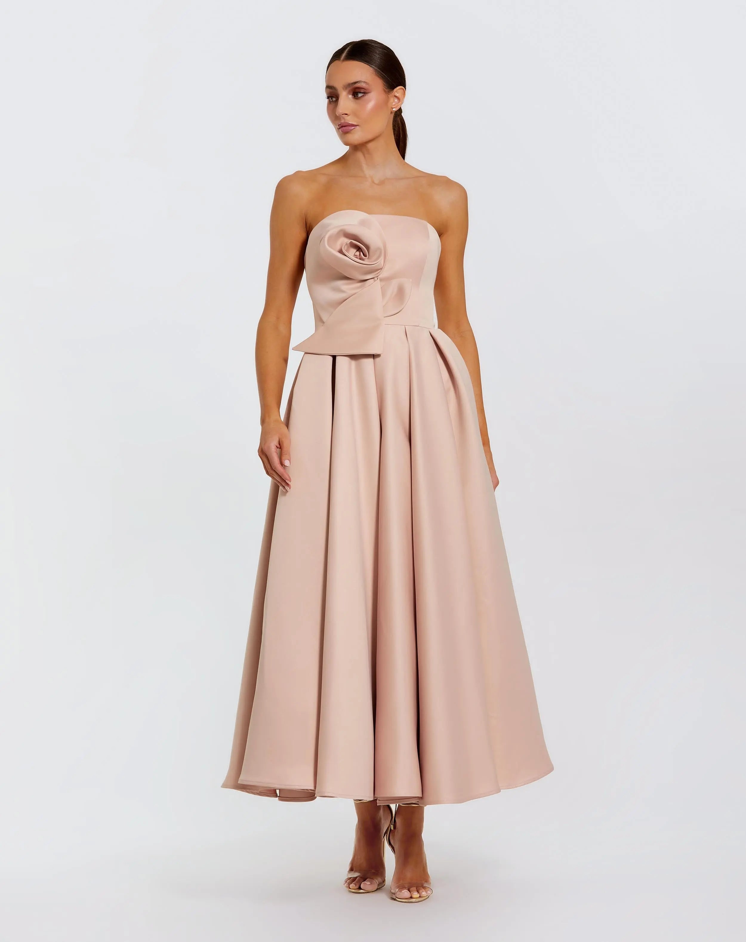 Strapless Satin A Line Midi Dress With 3D Flower