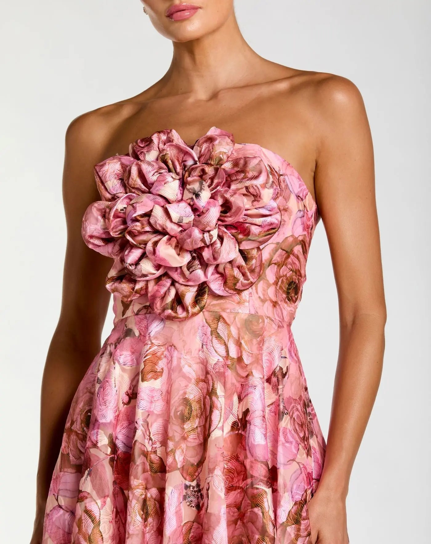 Pink Strapless Floral Printed A-Line Gown With 3D Flower