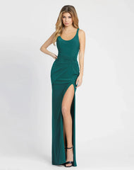 Green Sleeveless Ruched Side Knot Jersey Gown - FINAL SALE