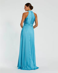 Blue Sleeveless Halter Neck Pleated Satin Gown