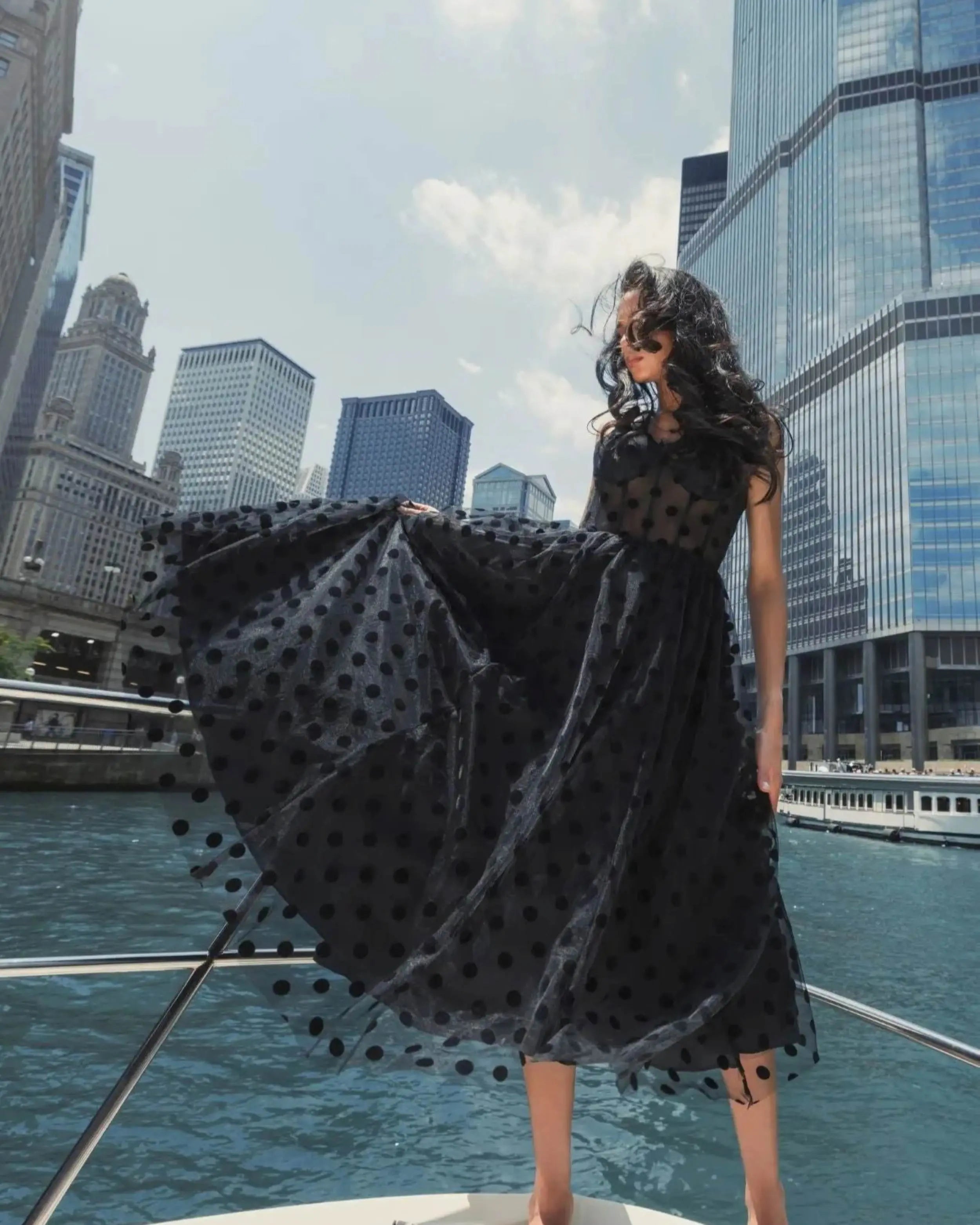 Petite Black Polka Dot Tulle A-Line Midi Dress