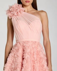 Pink One Shoulder 3D Floral Rosette Midi Dress