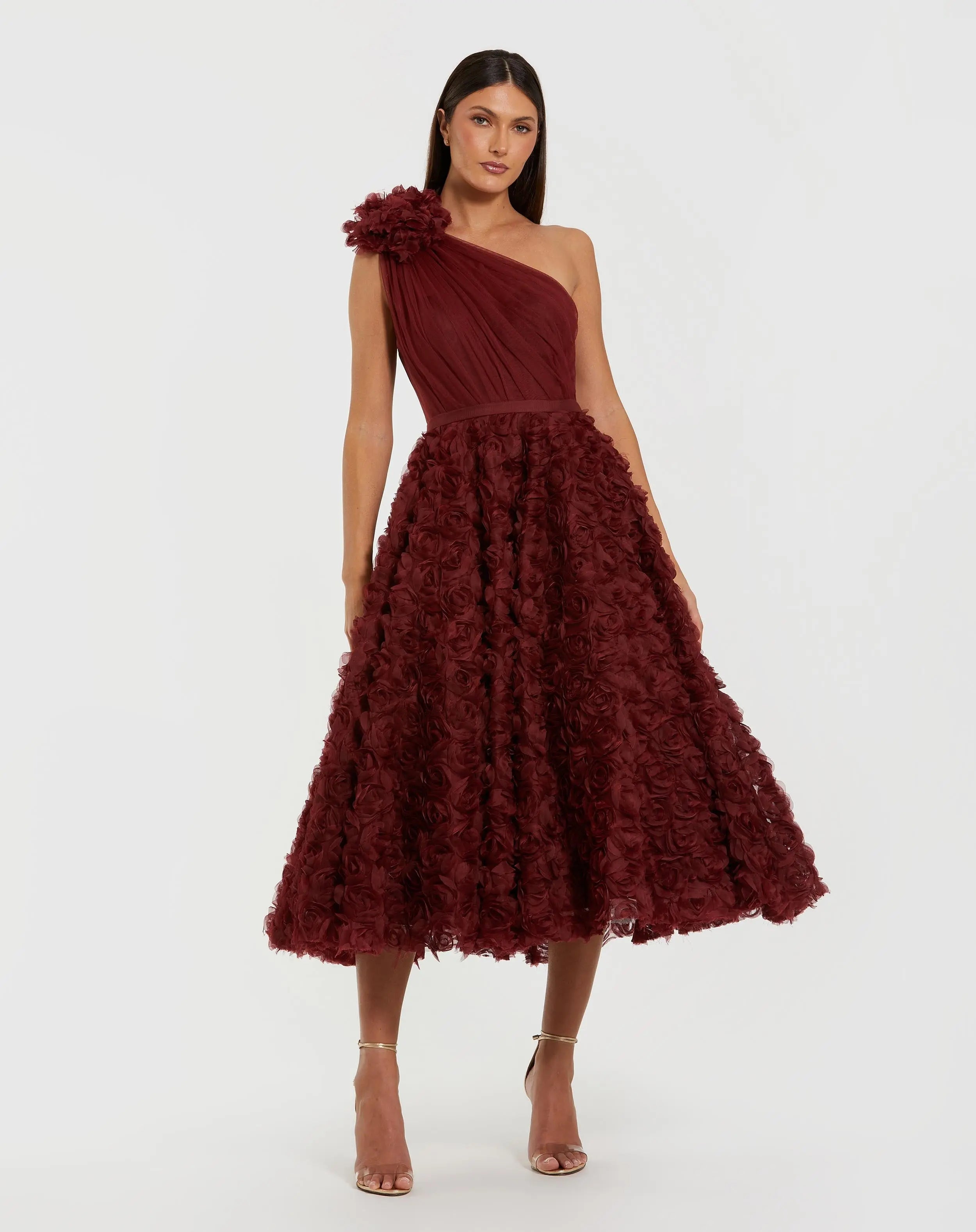 One Shoulder 3D Floral Rosette Midi Dress
