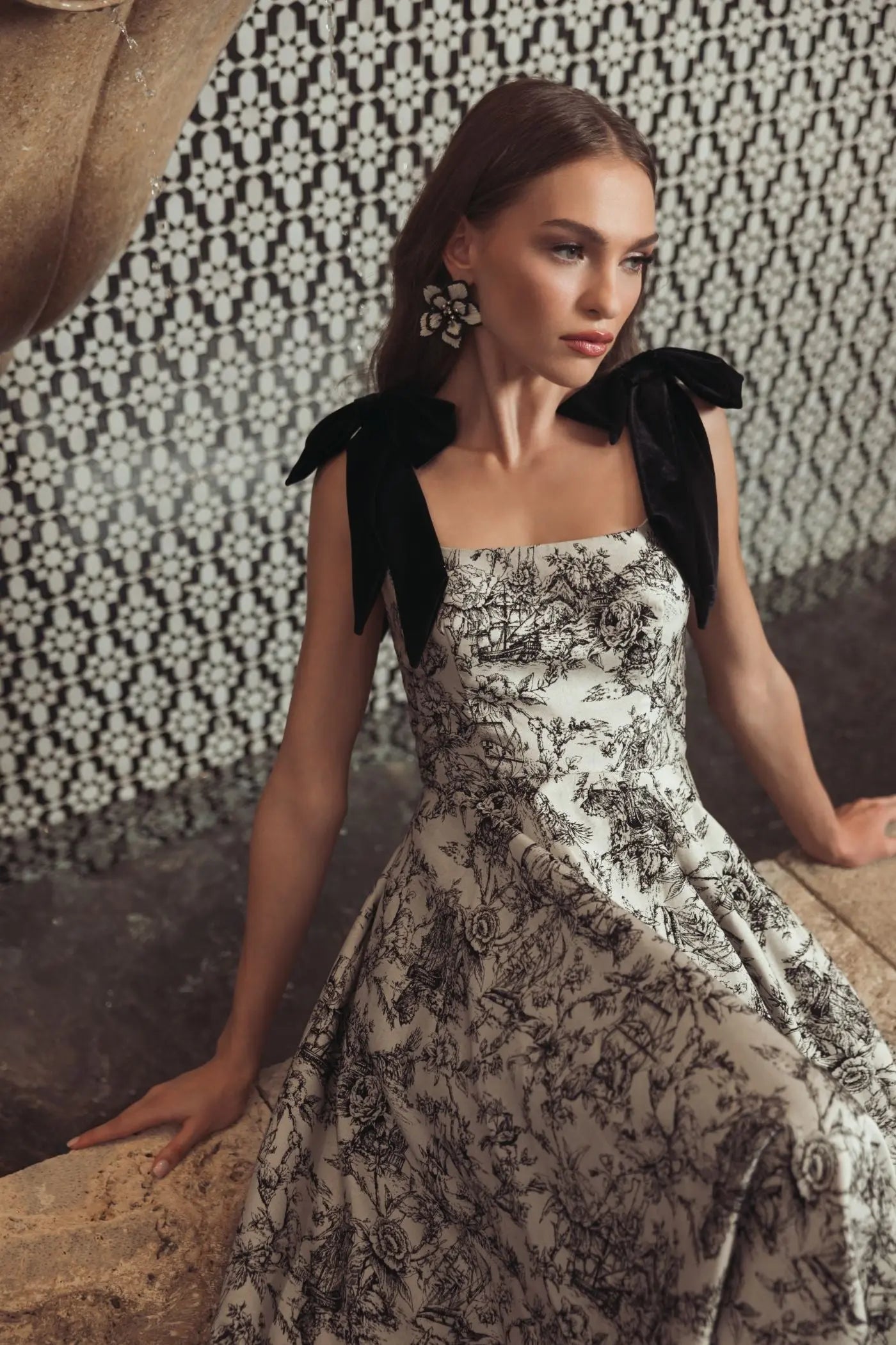 Black Ivory Brocade A Line Midi Dress With Bow Straps