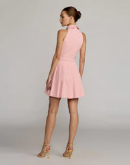 Pink Pleated A Line Mini Dress with Pearl Button Detail