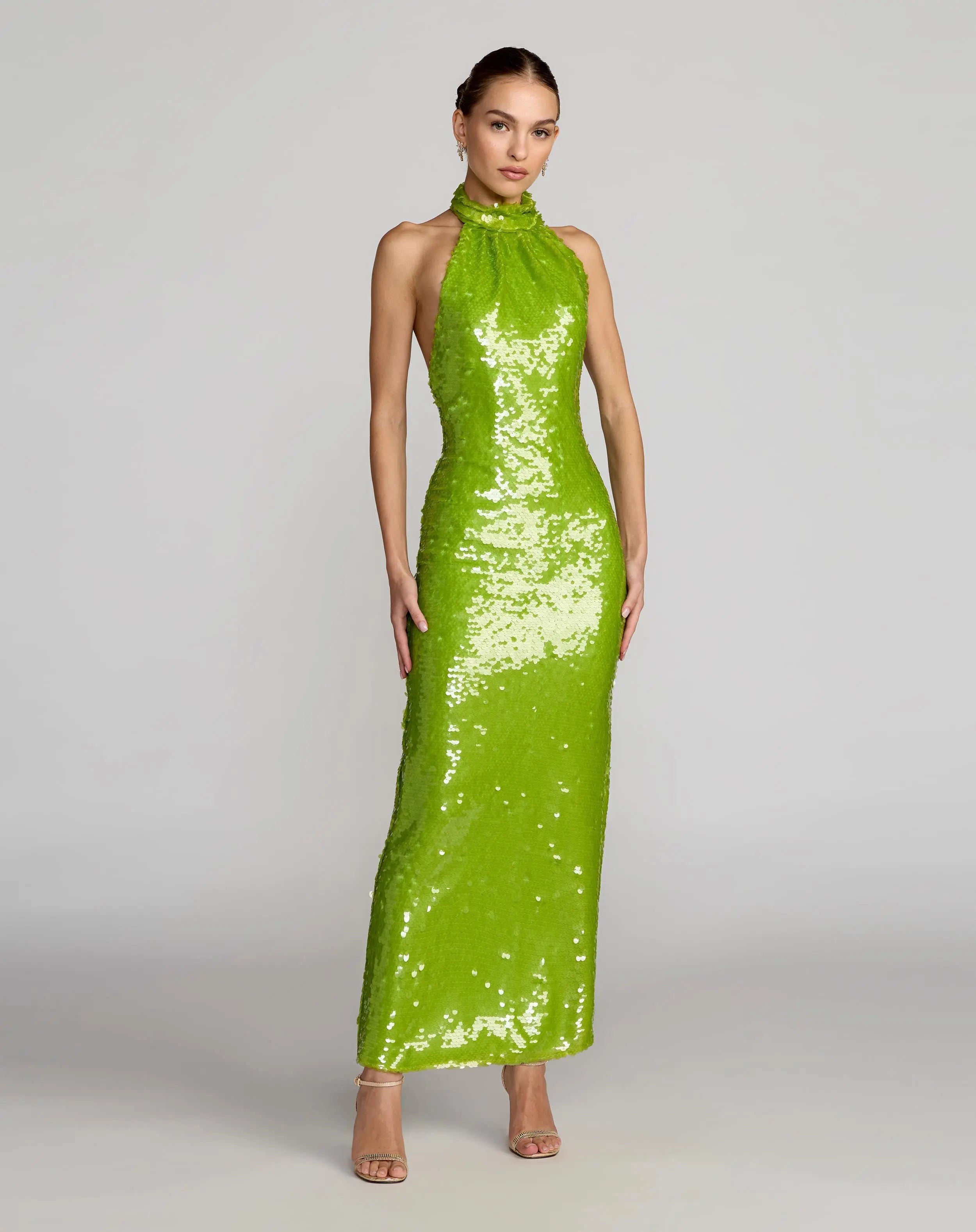 Sequin Halter Open Back Gown