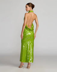 Sequin Halter Open Back Gown
