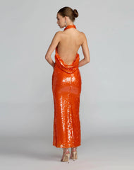 Sequin Halter Open Back Gown