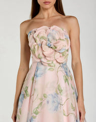 Pink Strapless Floral Organza Midi Dress With Flower