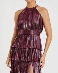 Purple Metallic Halter Neck Tiered Ruffle Gown - FINAL SALE