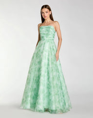 Strapless Floral Chiffon Gown with Ruched Detail