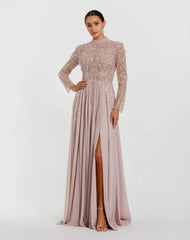 Light Purple Embellished Long Sleeve Gown with Slit