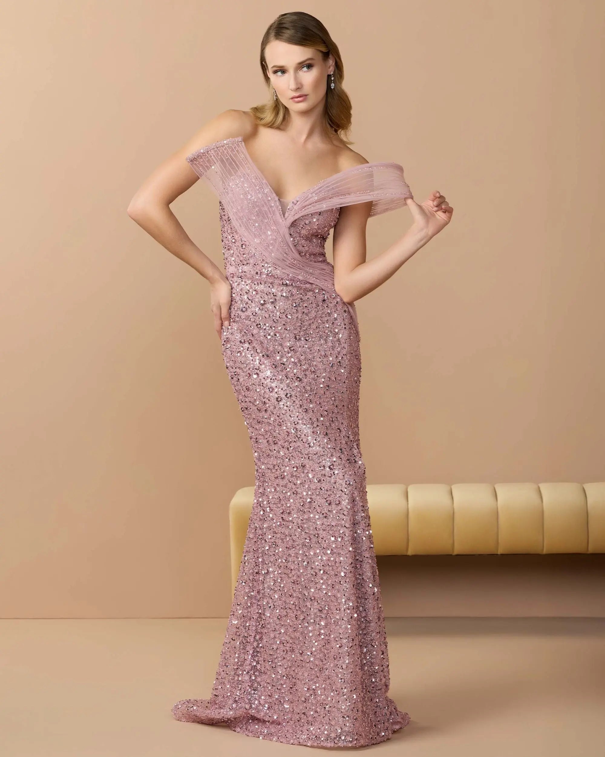 Embellished Strapless Gown with Sculptural Drape