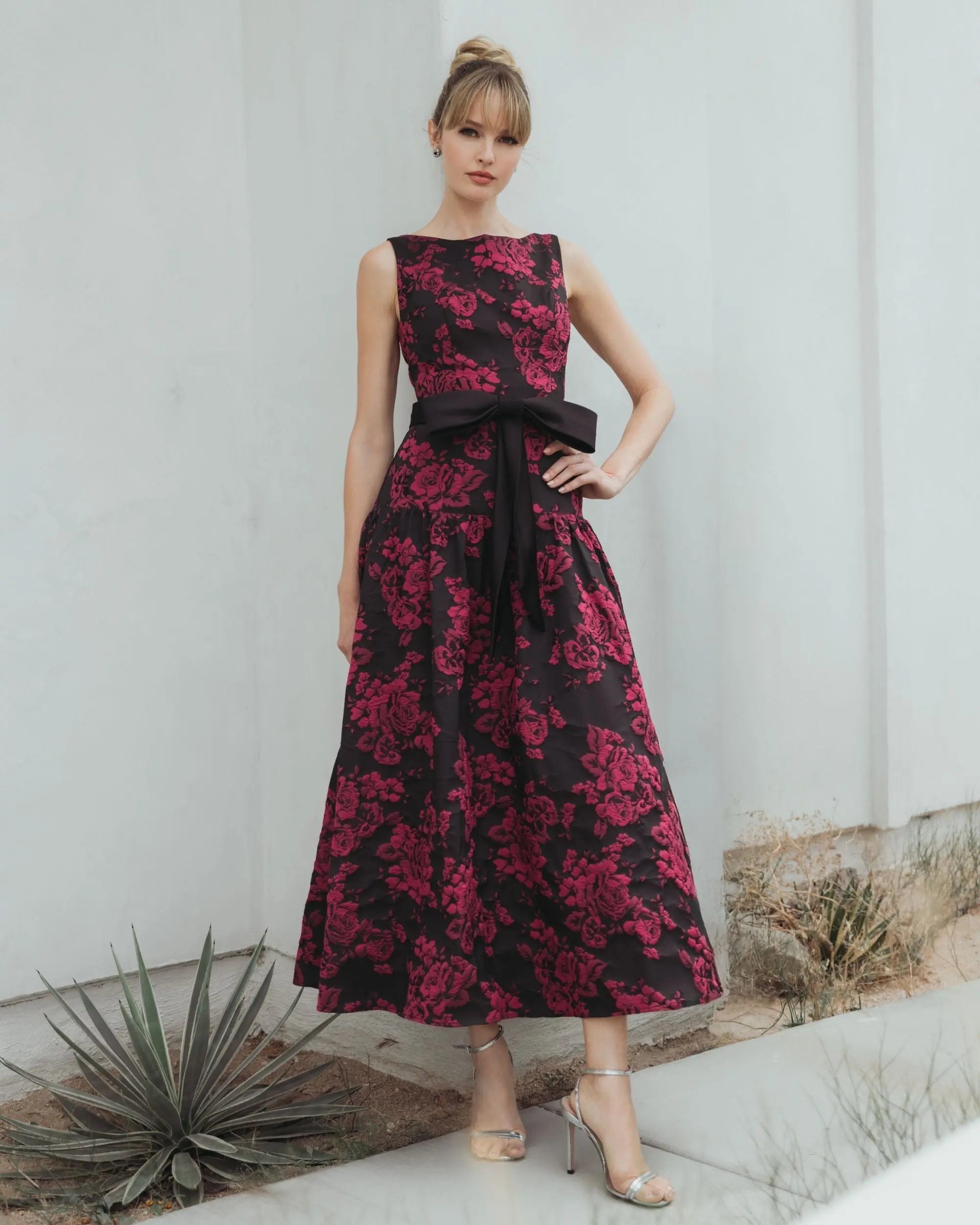 Black Brocade Drop Waist Midi Dress With Satin Bow