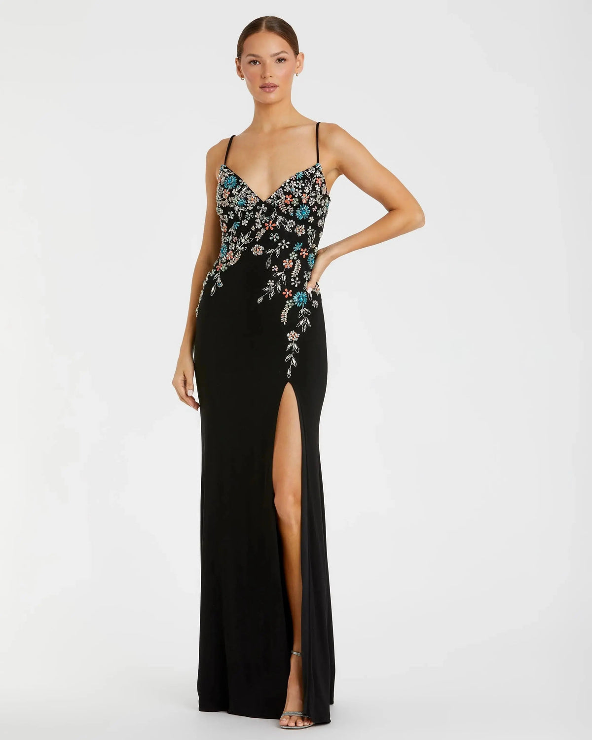 Black Multi Color Beaded Floral Cami Gown - FINAL SALE