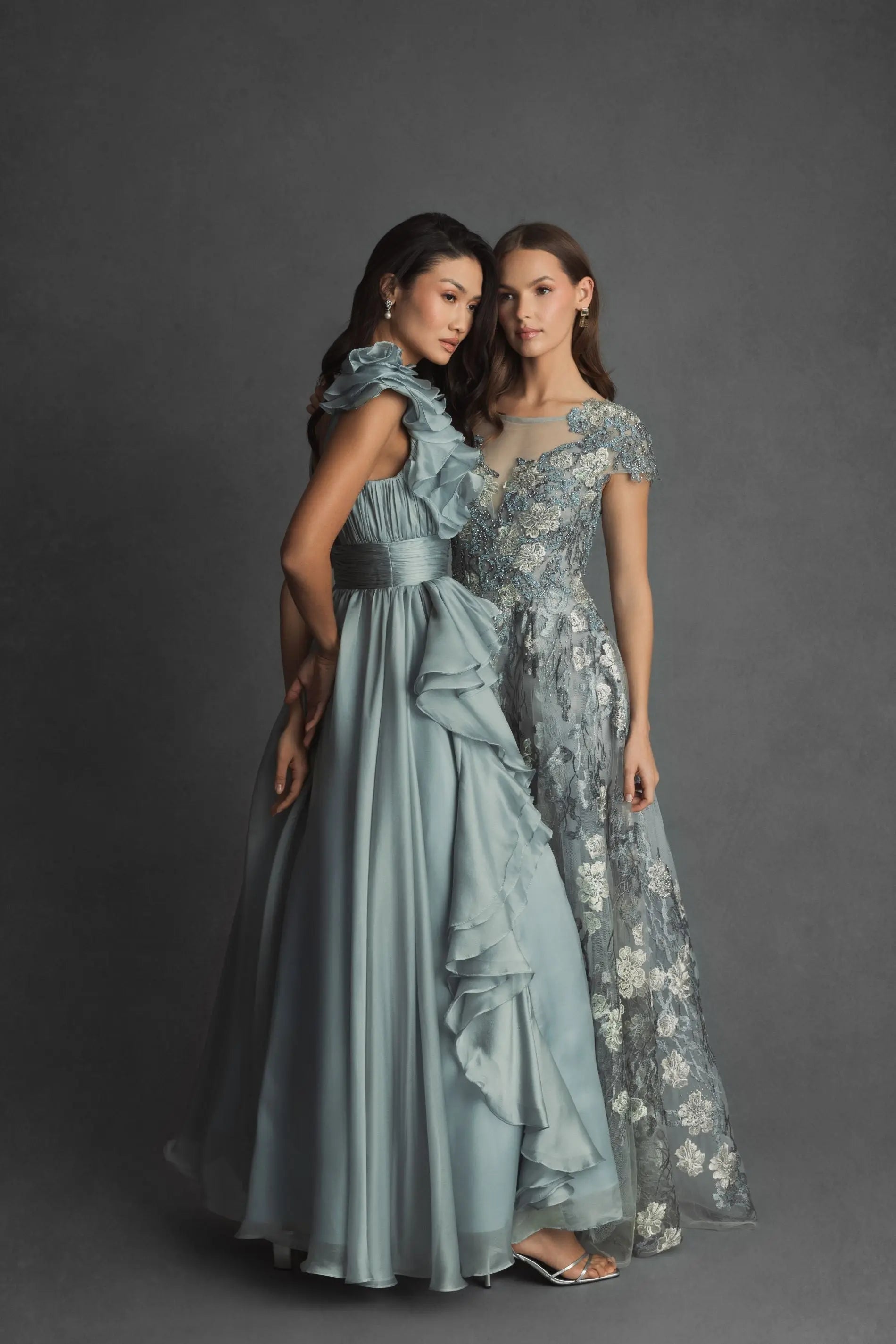 Green Floral Embroidered Short Cap Evening Gown - FINAL SALE