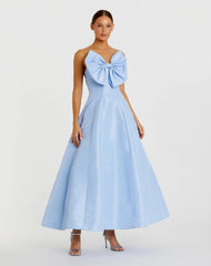 Blue Strapless A-Line Tea Length Statement Bow Dress