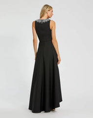 Black Crepe Embellished Neck High Low Gown