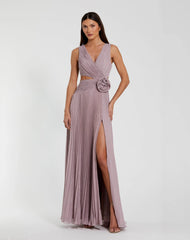 Ruched Chiffon Sleeveless Gown With 3D Flower