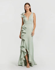 Sleeveless Ruffled V-Neck Gown With Bow