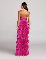 Dark Pink Pleated Charmeuse Strapless Tiered Ruffle Gown