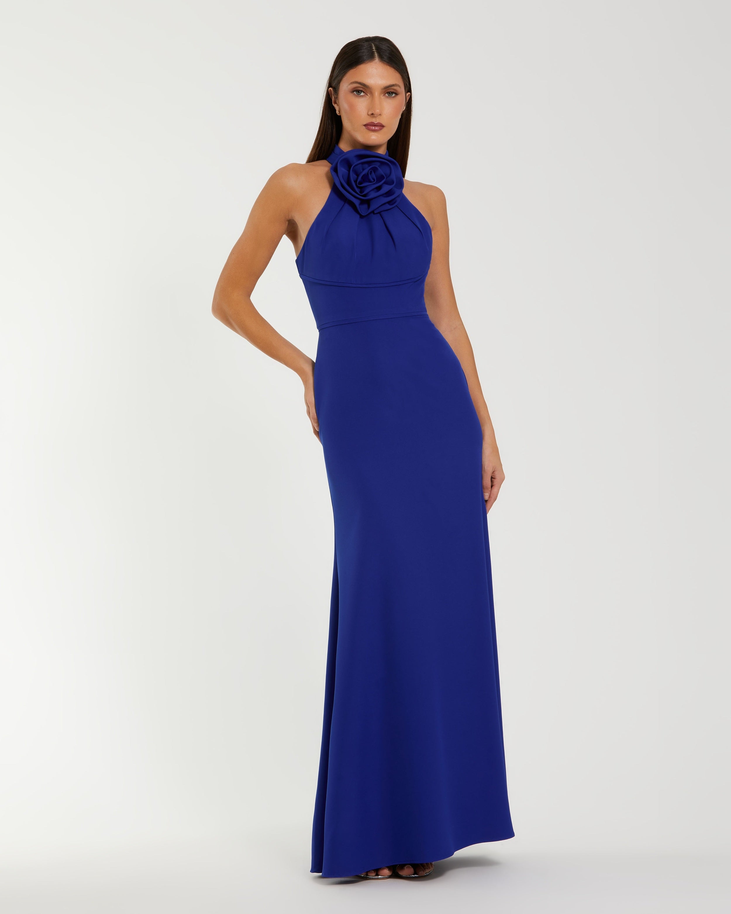 Sleeveless Halter Neck Gown with Rosette Detail