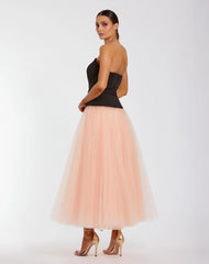 Black and Pink Strapless Midi Dress With Tulle Skirt
